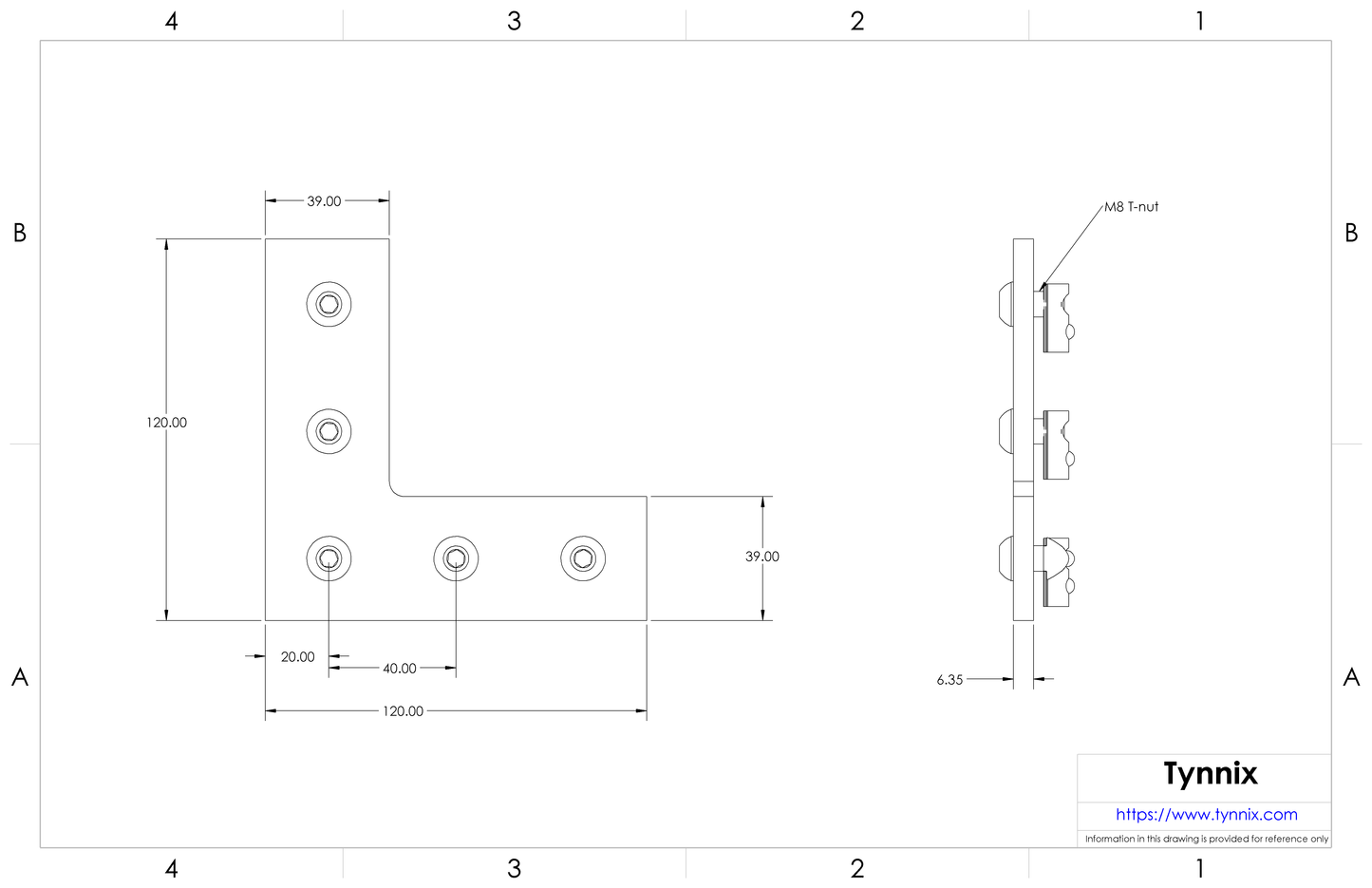 Flush 90 Degree Angle Bracket for 40 mm High T-slot Rail, with hardware